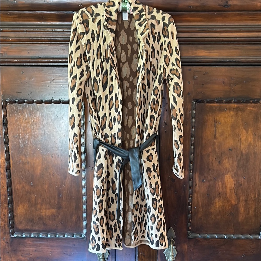 Leopard Print Open Cardigan with Black Belt